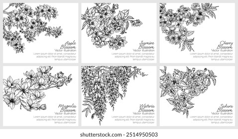Vector set of cards with branches of blooming spring trees. Blooming apple and cherry trees, jasmine, sakura, wisteria, magnolia