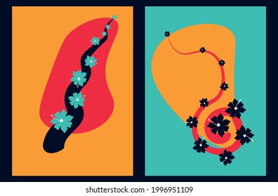vector set of cards with branches and flowers. flat image of flowers on twisted branches.