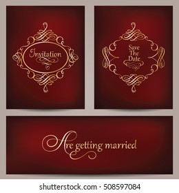 Vector set of cards with calligraphic elements and page decoration, safe the date, wedding invitations. Collection of vintage golden frames on blurred dark red background.