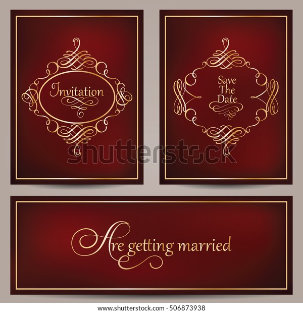 Vector set of cards with
calligraphic elements and page decoration, safe the date, wedding
invitations. Collection of vintage golden frames on blurred dark
red background.