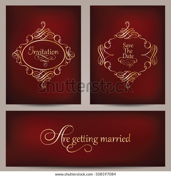 Vector set of cards with\
calligraphic elements and page decoration, safe the date, wedding\
invitations. Collection of vintage golden frames on blurred dark\
red background.