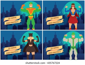 Vector set of cards with cartoon images of two men and two women superheroes in different superheroes costumes standing and smiling on the background of night city. Banner "To serve and protect".