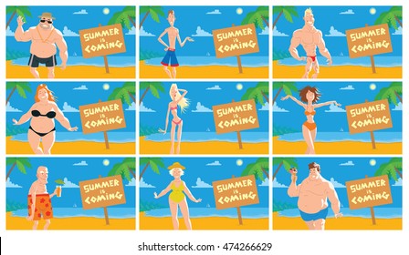 Vector set of cards with cartoon images of different people on the vacation of different sexes in beachwear on the background of yellow sand, blue sea, sky, green palm trees and brown banner. Holidays