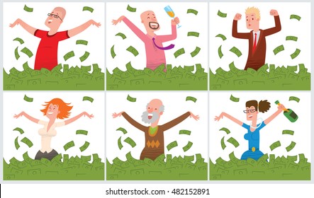 Vector set of cards with cartoon images of happy people (men and women) of different ages and appearance bathing in the sea of green banknotes on a white background. Bathing in money. Business.