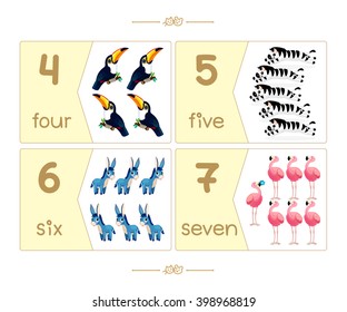vector Set cards Count the Animals. Learn to count with cartoon illustration of numbers from four to seven 4,5,6,7. Addition to series of English ABC "Amusing Animals" Baby shower. EPS10 