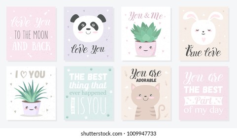 Vector set of cards with cute animals and lovely phrases. Posters with adorable objects on texture background in pastel colors. Valentine's day, anniversary, save the date, bridal, birthday 