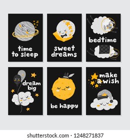 Vector set of cards with cute cartoon characters and phrases. Beautiful posters for baby rooms or bedroom. Childish backgrounds with moon, stars, cloud, planet, sheep. Hand drawn letters.