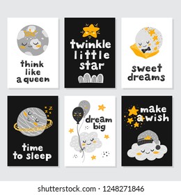 Vector set of cards with cute cartoon characters and phrases. Beautiful posters for baby rooms or bedroom. Childish backgrounds with moon, stars, cloud, planet. Hand drawn letters.