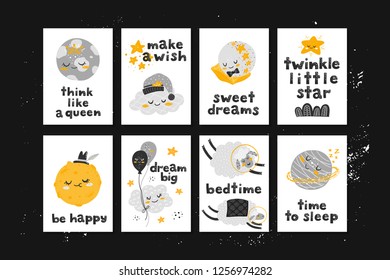 Vector set of cards with cute cartoon characters and phrases. Beautiful posters for baby rooms or bedroom. Childish backgrounds with moon, stars, cloud, planet, sheep. Hand drawn letters.