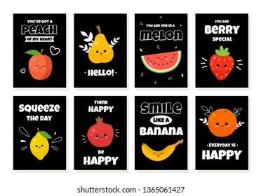 Vector set of cards with cute cartoon fruits and quotes. Template for cards, banners, posters, calendars.
