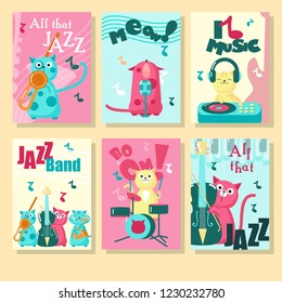 Vector set of cards with cute cats and inspirational quotations about music. Funny kittens playing musical instruments, listening to music and singing.