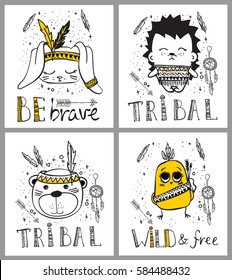 Vector set of cards with cute doodle tribal animals and other pictures. Perfect for kid's interiors, banners and posters.