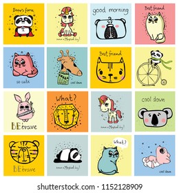 Vector set of cards with cute happy animal faces for kid's interiors, banners and posters.