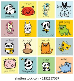 Vector set of cards with cute happy animal faces for kid's interiors, banners and posters.