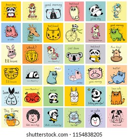 Vector set of cards with cute happy animal faces for kid's interiors, banners and posters.