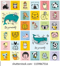 Vector set of cards with cute happy animal faces for kid's interiors, banners and posters.