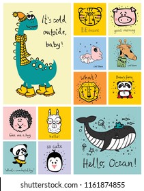 Vector set of cards with cute happy animal faces for kid's interiors, banners and posters.