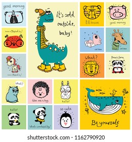 Vector set of cards with cute happy animal faces for kid's interiors, banners and posters.