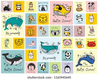 Vector set of cards with cute happy animal faces for kid's interiors, banners and posters.