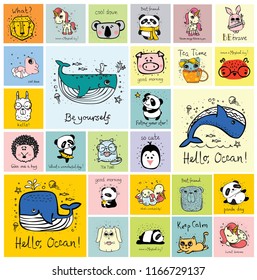 Vector set of cards with cute happy animal faces for kid's interiors, banners and posters.