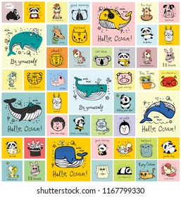 Vector set of cards with cute happy animal faces for kid's interiors, banners and posters.