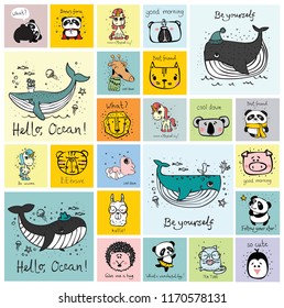 Vector set of cards with cute happy animal faces for kid's interiors, banners and posters.