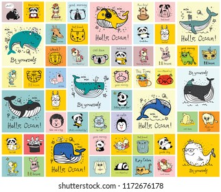 Vector set of cards with cute happy animal faces for kid's interiors, banners and posters.