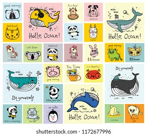 Vector set of cards with cute happy animal faces for kid's interiors, banners and posters.