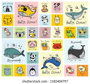 Vector set of cards with cute happy animal faces for kid's interiors, banners and posters.