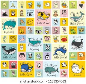 Vector set of cards with cute happy animal faces for kid's interiors, banners and posters.