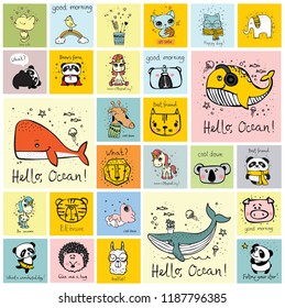 Vector set of cards with cute happy animal faces for kid's interiors, banners and posters.