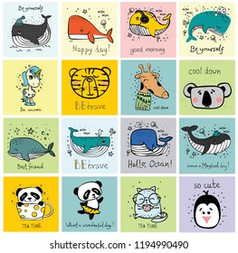 Vector set of cards with cute happy animal faces for kid's interiors, banners and posters.