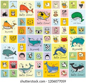 Vector set of cards with cute happy animal faces for kid's interiors, banners and posters.