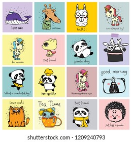 Vector set of cards with cute happy animal faces for kid's interiors, banners and posters.