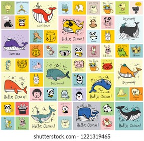 Vector set of cards with cute happy animal faces for kid's interiors, banners and posters.