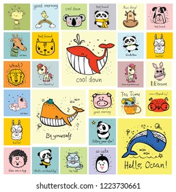 Vector set of cards with cute happy animal faces for kid's interiors, banners and posters.