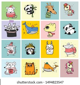 Vector set of cards with cute happy animal in the scandinavian style for greeting season cards, kid's interiors, banners and posters.