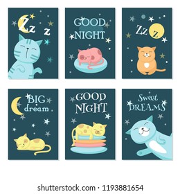 Vector set of cards with cute sleeping cats and handwritten quotations. Vector illustration of funny cats with night sky landscape.