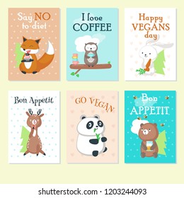 Vector set of cards with cute wild animals and handwritten inspirational quotations. Funny fox, bear, owl, rabbit, young deer and panda eating their favourite food.