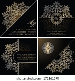 Vector set of cards. Elegant floral pattern on a dark background           