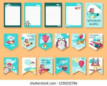 Vector set of cards, flags, notepad sheets with pilot animals and inspirational travel quotes. Cute raccoon fox squirrel bear deer and rabbit owl hedgehog flying on airplane, hot air balloon, balloons
