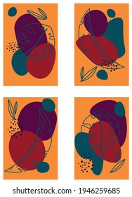 vector set of cards. flat image of a set of postcards with foliage and blurred shapes