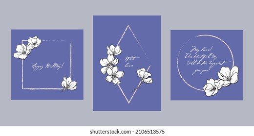 Juego de vectores de cartas con flores. Diseño minimalista decorativo de tarjetas o fondo de invitación para la boda. Elementos dibujados a mano en blanco y negro sobre púrpura