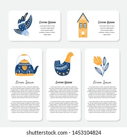 Vector set of cards with Folk art and Scandinavian symbols and text, isolated on white background