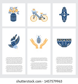 Vector set of cards with Folk art and Scandinavian symbols and text, isolated on white background