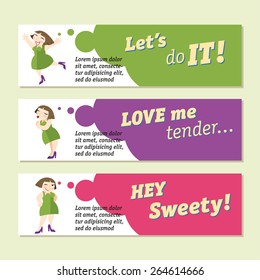 Vector set of cards with funny girl. Style layout for your own design of invitation and announcement or any other one. Motivate and joy.