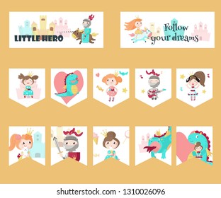 Vector set of cards, gift tags, labels, party pennant banners with fairytale medieval cartoon characters knight, princess, dragon, cute mythical unicorn and inspirational quotations.