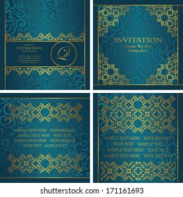 Vector set of cards with a gold decoration. Seamless background in blue. Stylish invitation 