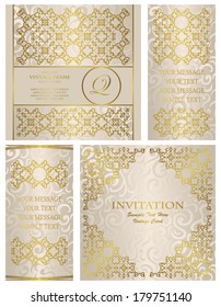 Vector set of cards with a gold decoration. Seamless background in pastel colors. Wedding invitations   