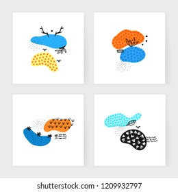 Vector set of cards with hand drawn abstract shapes. Spotted and textured figures. Unique design. Creative backgrounds. Freehand style. Invitation, postcard, cover, banner, tag, thank you messages